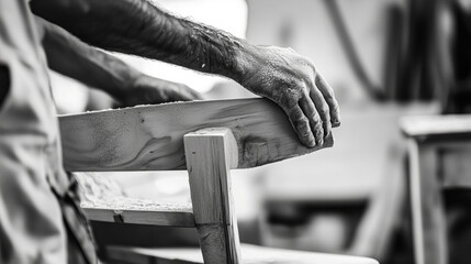 Obraz premium Carpenter's hand sanding a wooden chair