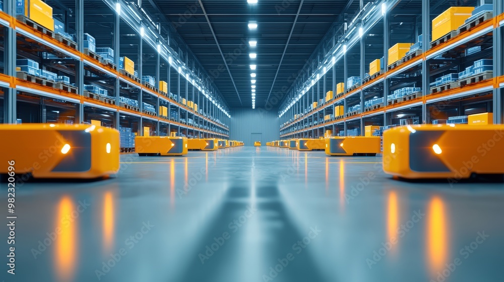 Poster a futuristic concept of a fully automated distribution center without human workers.