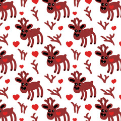 Vector Christmas background with repeating pattern. Hand drawn cute reindeer. The pattern is supplemented with small hearts. Christmas, pattern, animal, reindeer.