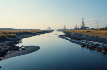 The background is a landscape with a river in which oil has spilled. Oil slicks are visible on the shore, spreading across the surface of the water. Oil rigs and factories are visible in the distance