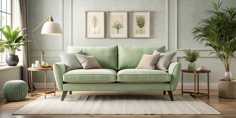 Softly lit candles and plush throw blankets adorn the comfortable and stylish light green sofa, bringing warmth and