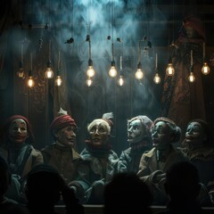 Obraz premium Vintage puppets under hanging light bulbs in a theatrical setting, creating a mysterious and eerie atmosphere on stage.
