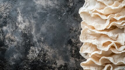 Obraz premium Stack of thin, crispy, white textured food on dark surface