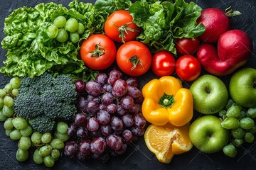 Colorful assortment of fresh fruits and vegetables, highlighting their natural beauty and nutritional value. 