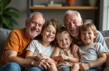 A large, friendly, cheerful family of different generations sits on a sofa hugging and looks at the camera