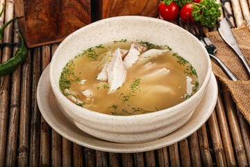 Tasty dietary chicken soup with vegetables