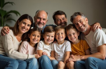 Fototapeta premium A large, friendly, cheerful family of different generations sits on a sofa hugging and looks at the camera