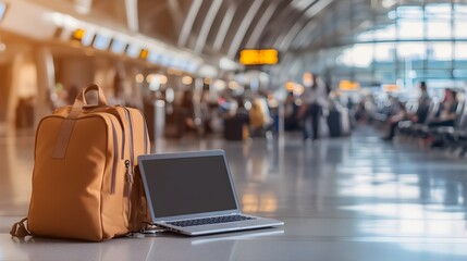 Busy Airport Terminal with Employee s Laptop in Travel Bag Mixing Business with Leisure