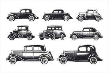 Several vintage cars are shown in a row in front of a city generative ai