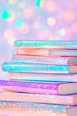 stack of hardcover books shimmering with glitter and surrounded by soft, colorful bokeh lights, creating a magical and enchanting atmosphere
