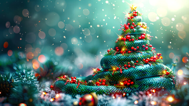 A long fat python curled up in the shape of a Christmas tree. A Christmas tree made of a snake. The tree is hung with red berries and decorated with garlands
