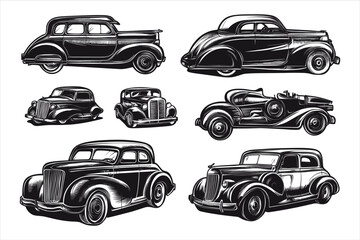Several vintage cars are shown in a row in front of a city generative ai