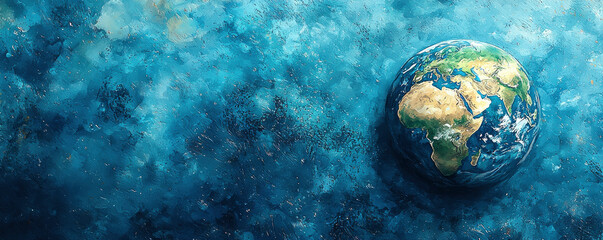A beautiful illustration of planet Earth set against a vibrant blue background depicting the vastness of space and our home in the universe. banner with copy space.