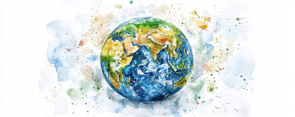 This artistic portrayal of planet Earth features a colorful explosion of hues surrounding it, emphasizing the planet's natural beauty against a white backdrop.