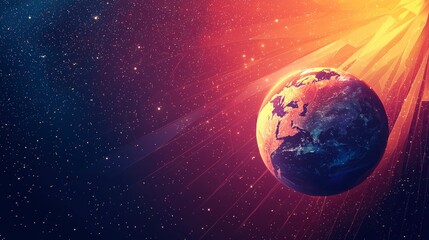 Fototapeta premium This vector illustration showcases planet Earth amidst colorful cosmic elements, illuminated by radiant rays of sunlight against a starry backdrop.