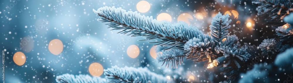 Poster a serene winter scene featuring snow-laden evergreen branches illuminated by soft glowing lights, cr