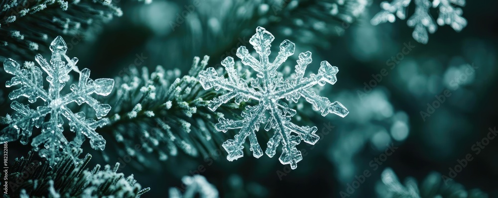 Poster a close-up of intricate snowflakes resting on evergreen branches, showcasing the beauty of winter's 