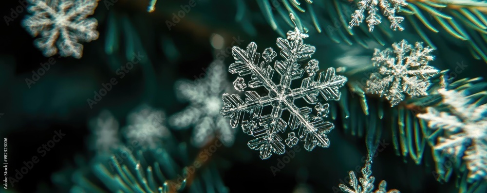 Poster close-up of delicate snowflakes resting on evergreen branches, showcasing intricate designs and the 