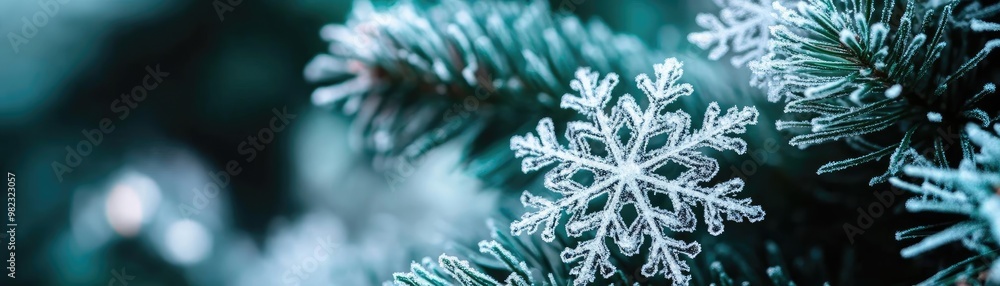 Aufkleber Beautiful close-up of a snowflake resting on a pine branch, showcasing intricate patterns and glistening frost.