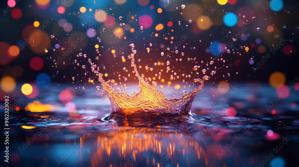 Poster water droplet splashing on a water surface with colorful bokeh background