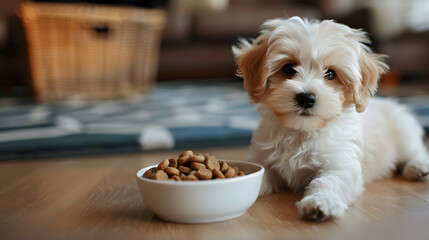 A small cute Maltipoo puppy near a bowl of food. AI Generated