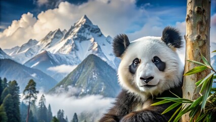 Obraz premium Fluffy white fur, black patches around eyes, giant panda bear leaning against a bamboo tree, snow-capped mountains in the background, misty atmosphere.