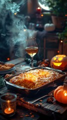 Cozy autumn dinner scene with cheesy lasagna, wine glass, and Halloween pumpkin decor on a wooden table.