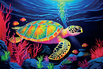 Fototapeta premium Vibrant underwater sea turtle artwork