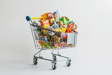 Full shopping cart with assorted grocery products