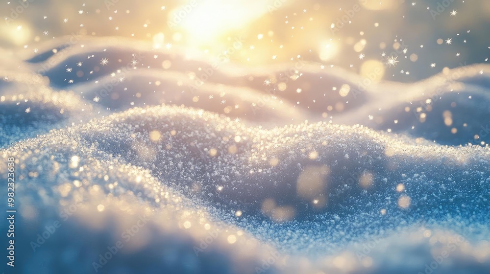 Poster beautiful snow landscape with soft focus and sparkling snowflakes under warm sunlight, creating a se