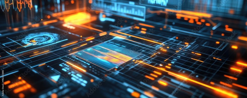 Poster Futuristic digital interface with glowing elements and intricate designs, showcasing technology and innovation in a vibrant setting.