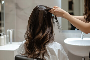 Professional hair stylist working on long, wavy hair in a salon, focusing on precision and care for a fresh haircut