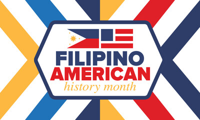 Filipino American History Month. Happy holiday celebrate annual in October. Filipinos and United States flag. Culture month. Patriotic design. Poster, card, banner, template. Vector illustration