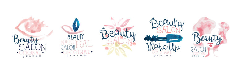 Beauty Salon Logo Design with Hand Drawn Watercolor Element Vector Set