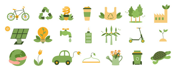 Big set of ecology elements. Environmental protection. Save the Earth, plants, forests. Preserve the ecology of the planet. Eco friendly. Sustainable living concept. Green energy. Vector illustration.