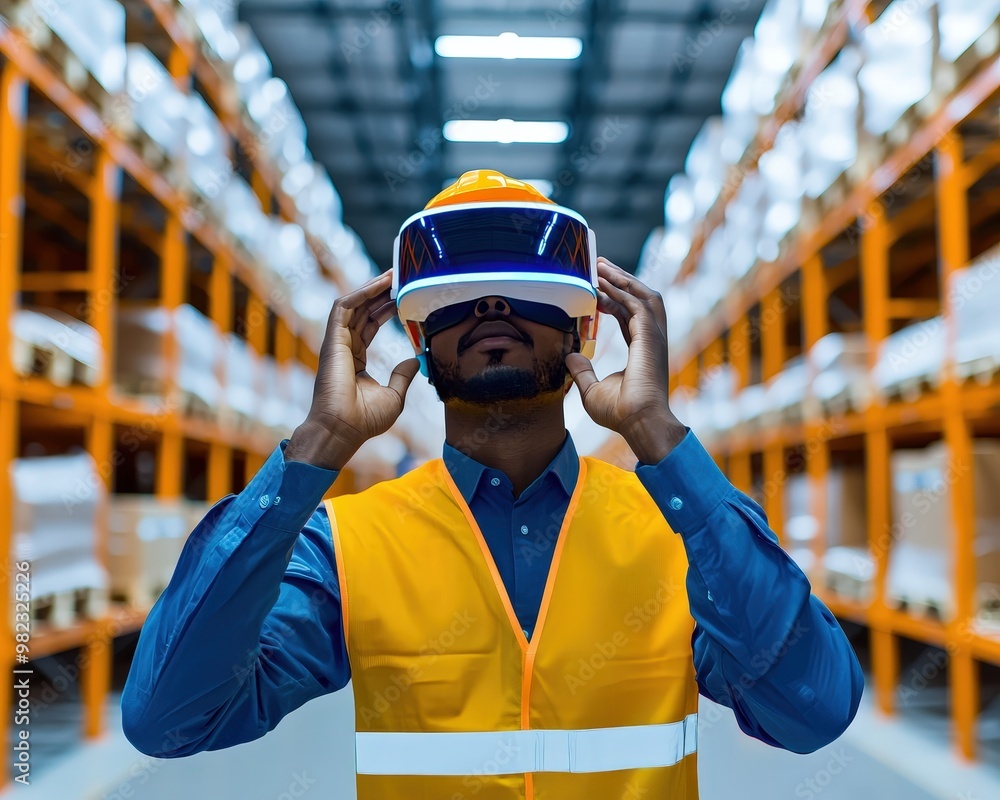 Poster a warehouse worker using augmented reality glasses to navigate the distribution center.