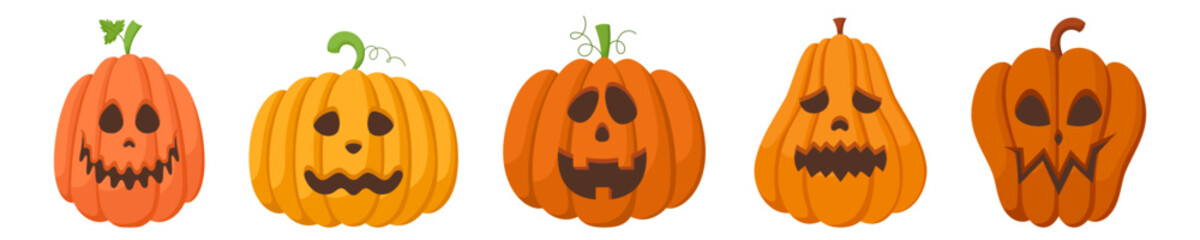 Spooky Halloween pumpkins with happy faces expressions. Vector illustration of cartoon characters. Hand drawn colorful autumn pumpkins isolated on white background.