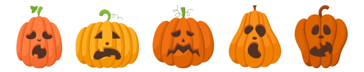 Spooky Halloween pumpkins with surprised faces expressions. Vector illustration of cartoon characters. Hand drawn colorful autumn pumpkins isolated on white background.