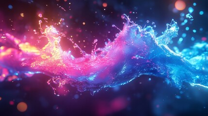 Abstract Neon Water Splash with Blurred Bokeh Lights