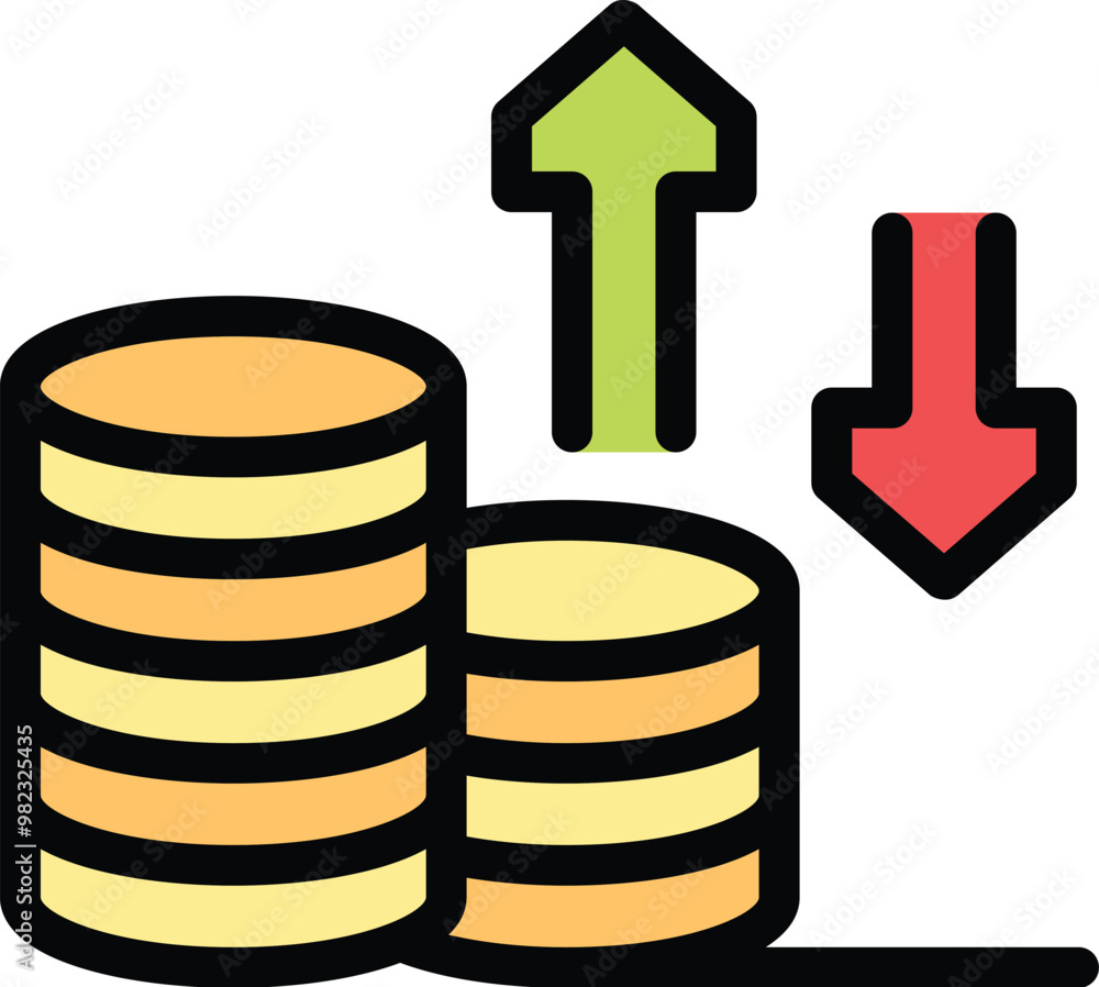 Poster concept of volatile market with one stack of coins growing and another one decreasing