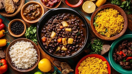 A vibrant spread of various dishes featuring rice, beans, and colorful vegetables.