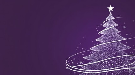 Aesthetic white Christmas tree made of with curved lines, purple background, copy space. Greeting card. Generative AI