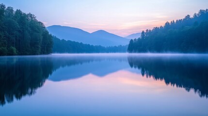 Fototapeta premium Misty Morning Reflection on a Tranquil Lake Surrounded by Lush Forest and Majestic Mountains