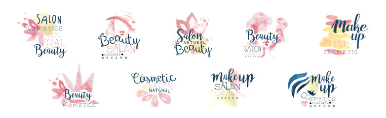 Beauty Salon Logo Design with Hand Drawn Watercolor Element Vector Set