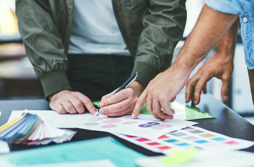 Business people, hands and color plan for design in office, fashion designers and creative team....