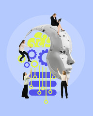 Contemporary art collage. Humans collaborating with AI-driven machine, depicting convergence of...