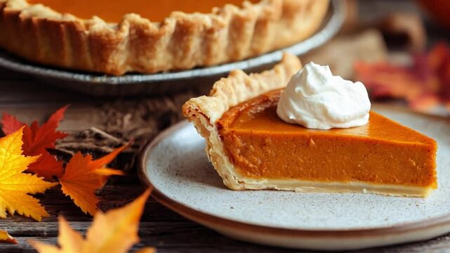Delicious pumpkin pie slice with whipped cream on a rustic table surrounded by autumn leaves and a whole pie in the background