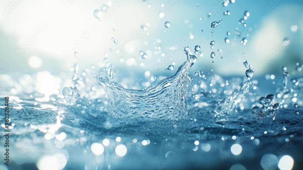 Poster Water Splashing with Droplets and Bokeh Effect