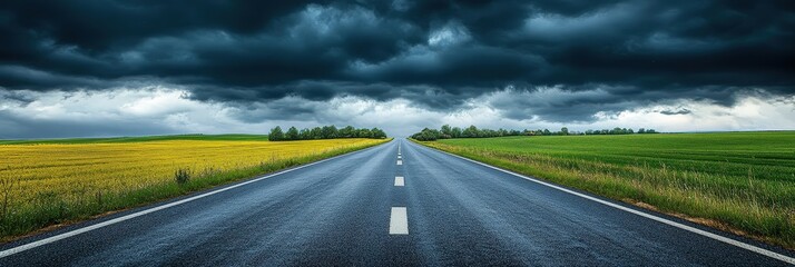 Dramatic Road Through Fields Under Dark Clouds