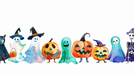 Obraz premium Aesthetic halloween watercolor template, pumpkins, ghosts, skeletons, pastel bright colors and backdrop. Generative AI